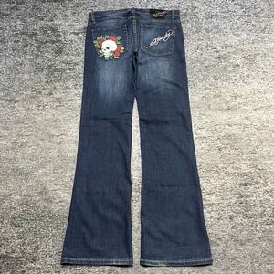Vintage Y2K Ed Hardy Jeans Womens 30 (34x34) Blue Low Rise Bootcut Flare Grunge